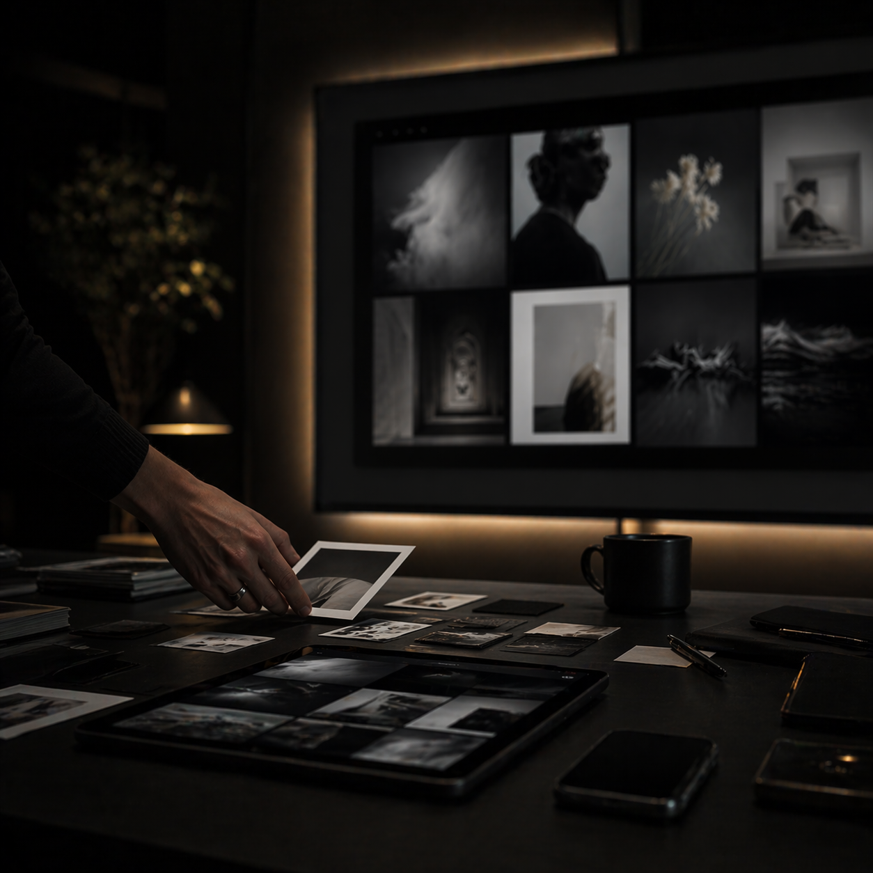 Kuratiertes Arbeitsumfeld und visuelle Auswahl im Studio