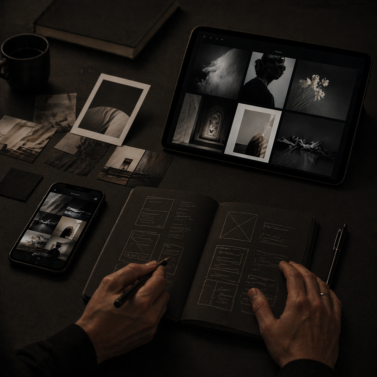Konzeptarbeit mit Tablet, Skizzen und visuellem Material